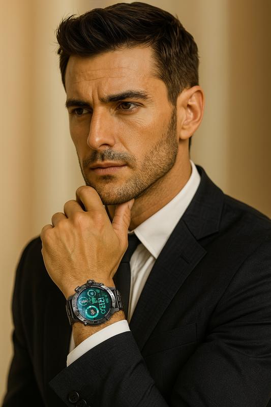 Homme élégant en costume portant une montre connectée noire avec cadran digital vert fluo, associant style professionnel et technologie moderne – ALTAREV

