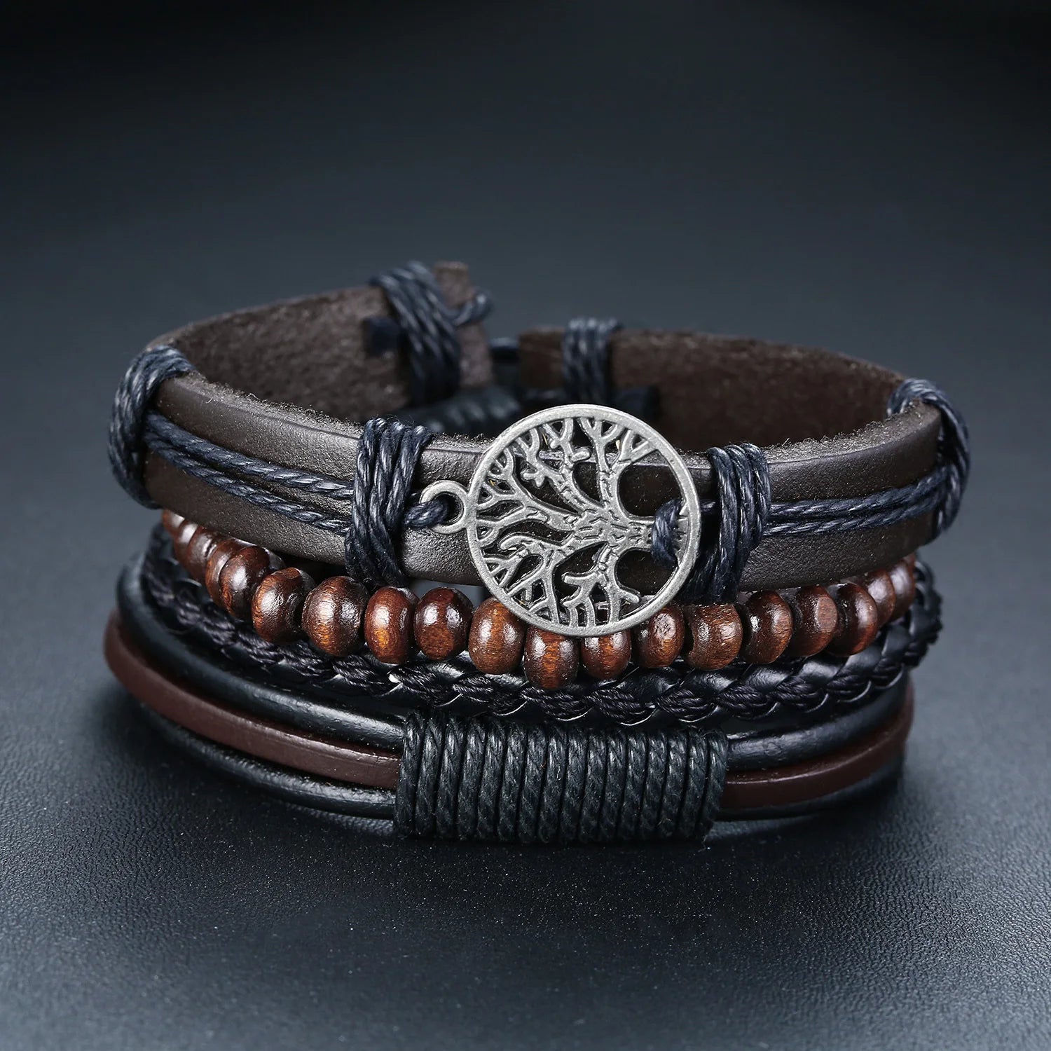 Lot de 4 bracelets homme en cuir et perles, style vintage avec pendentif arbre de vie
